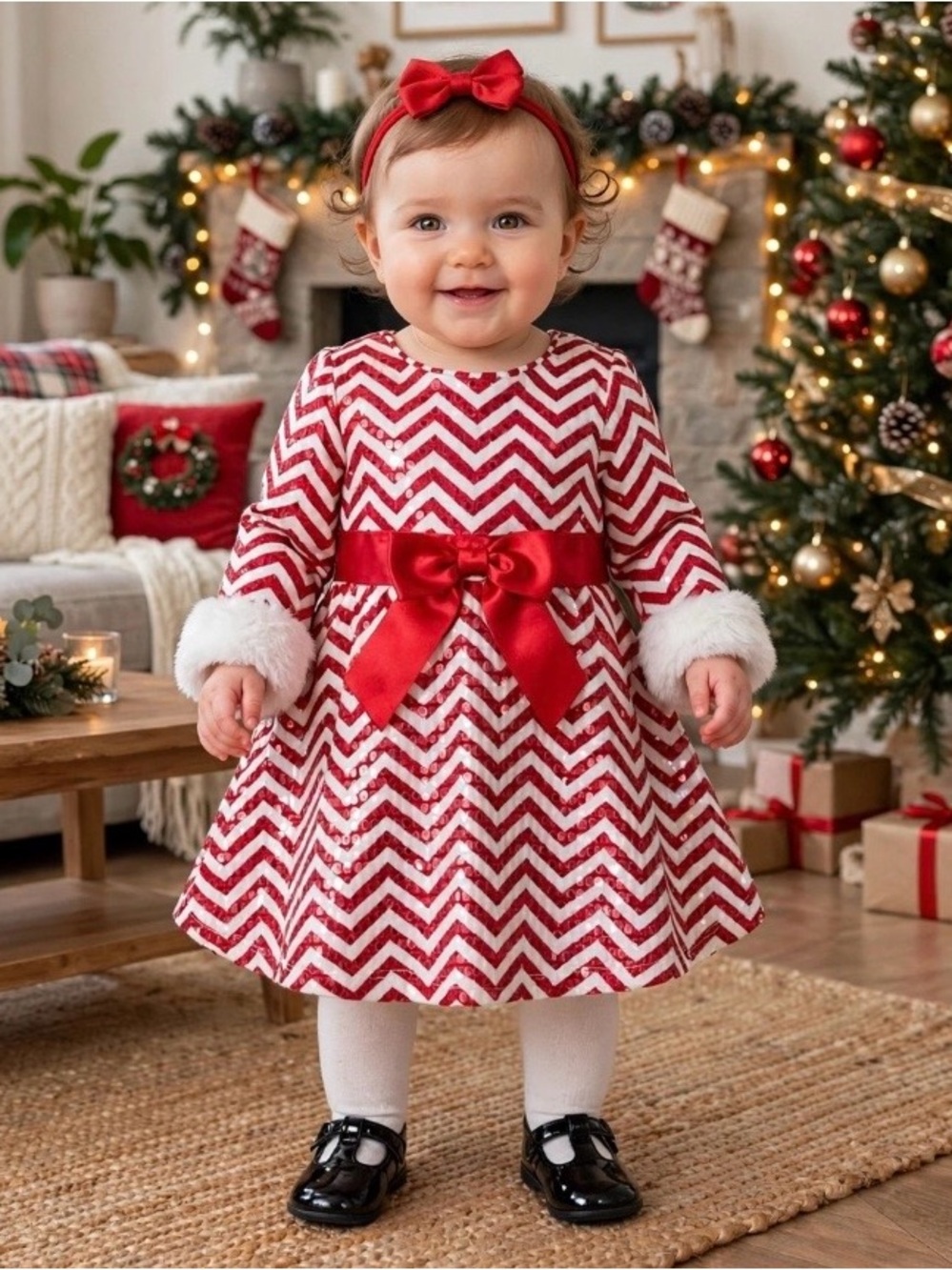 Bonnie Baby Red & White Chevron Print Christmas Dress Size 12 Months